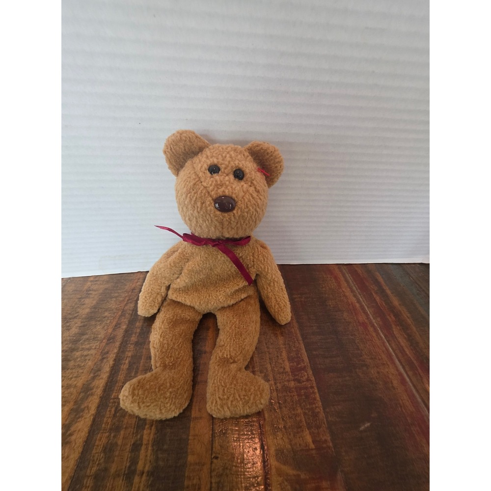 Ty Beanie Babies Curly the‎ Bear Brown Plush Toy 1996 Vtg Red Ribbon No Hang Tag